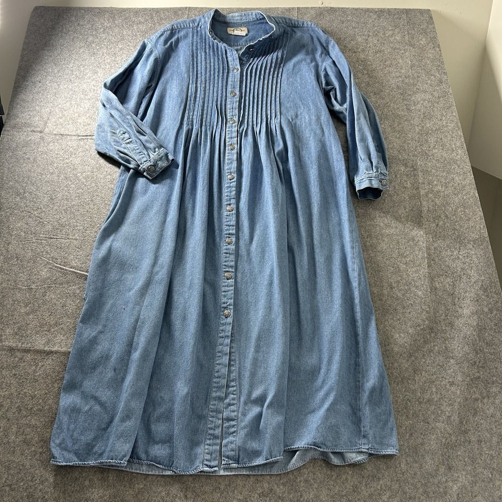 Vintage J Jill Dress Womens Large Midi Denim Cotton Pintuck Blue Cottagecore